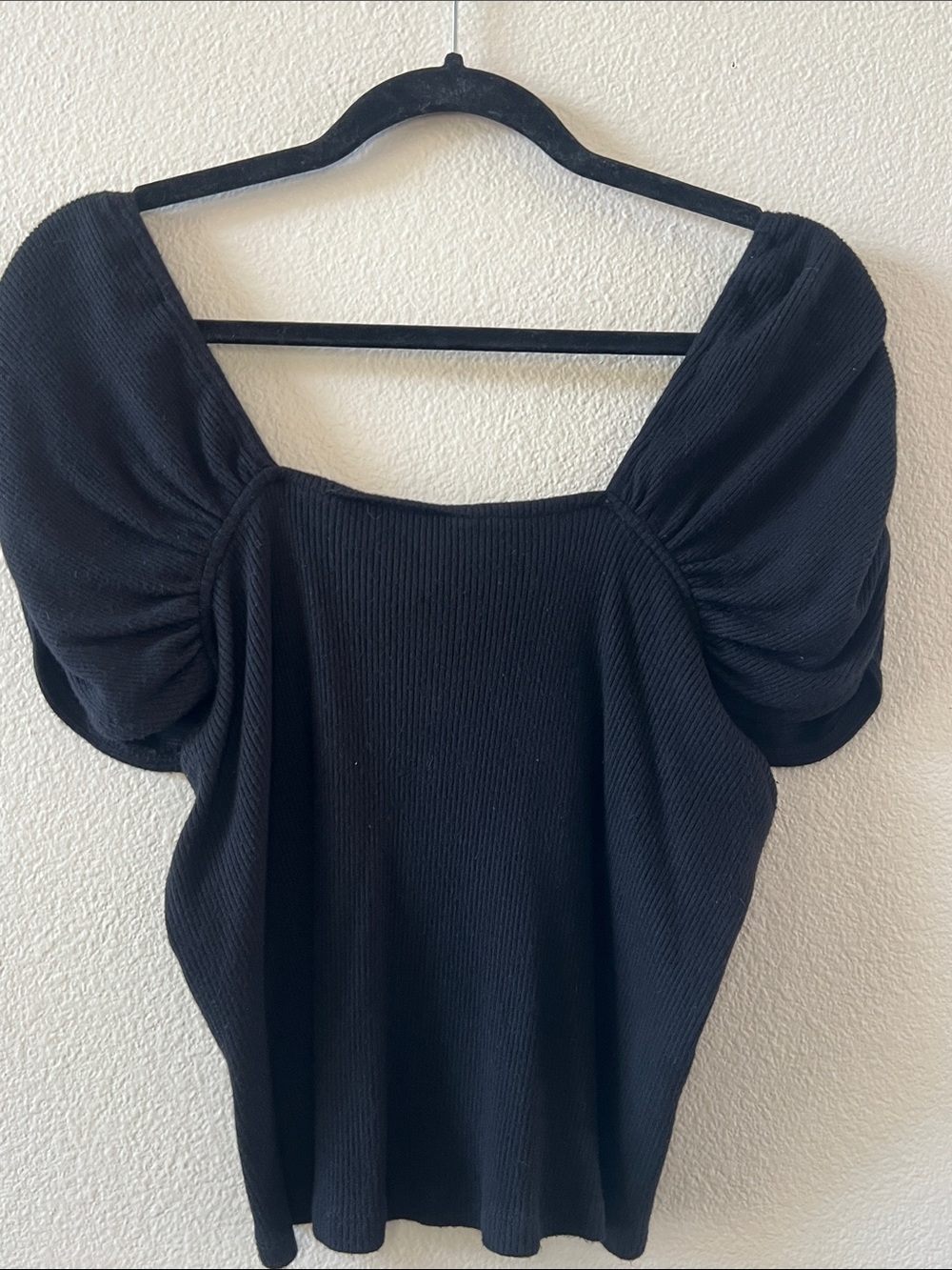 Anthropologie Black Puff-Sleeve Ribbed Square-Neck Crop Top
